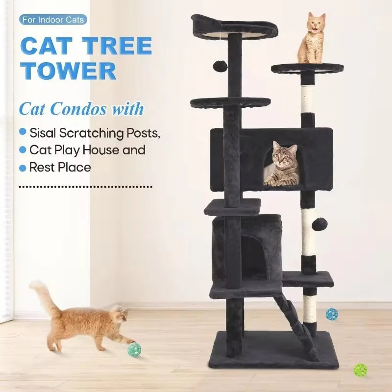 Cat Tree 54in Multi-Level Durable Cat Scratching Post & Cozy Fun Jumping Platform Space Saving Condo Pet Play House for Indoor