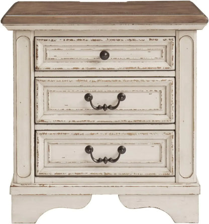 Ashley Realyn French Country Nightstand with Electrical Outlets and USB Ports, Chipped White, Signature Design, 3 Drawer