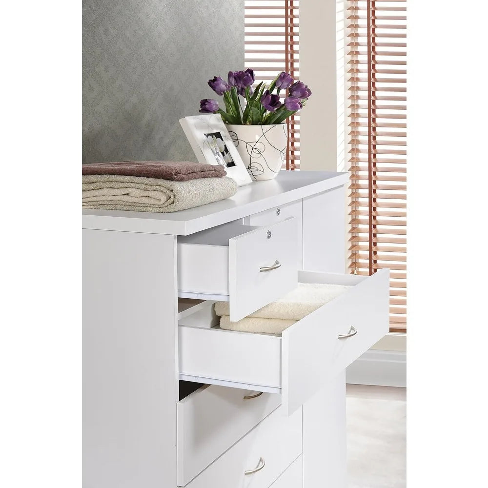 Hodedah 7 Drawer Jumbo Chest, Five Large Drawers, Two Smaller Drawers with Two Lock, Hanging Rod, and Three Shelves | White