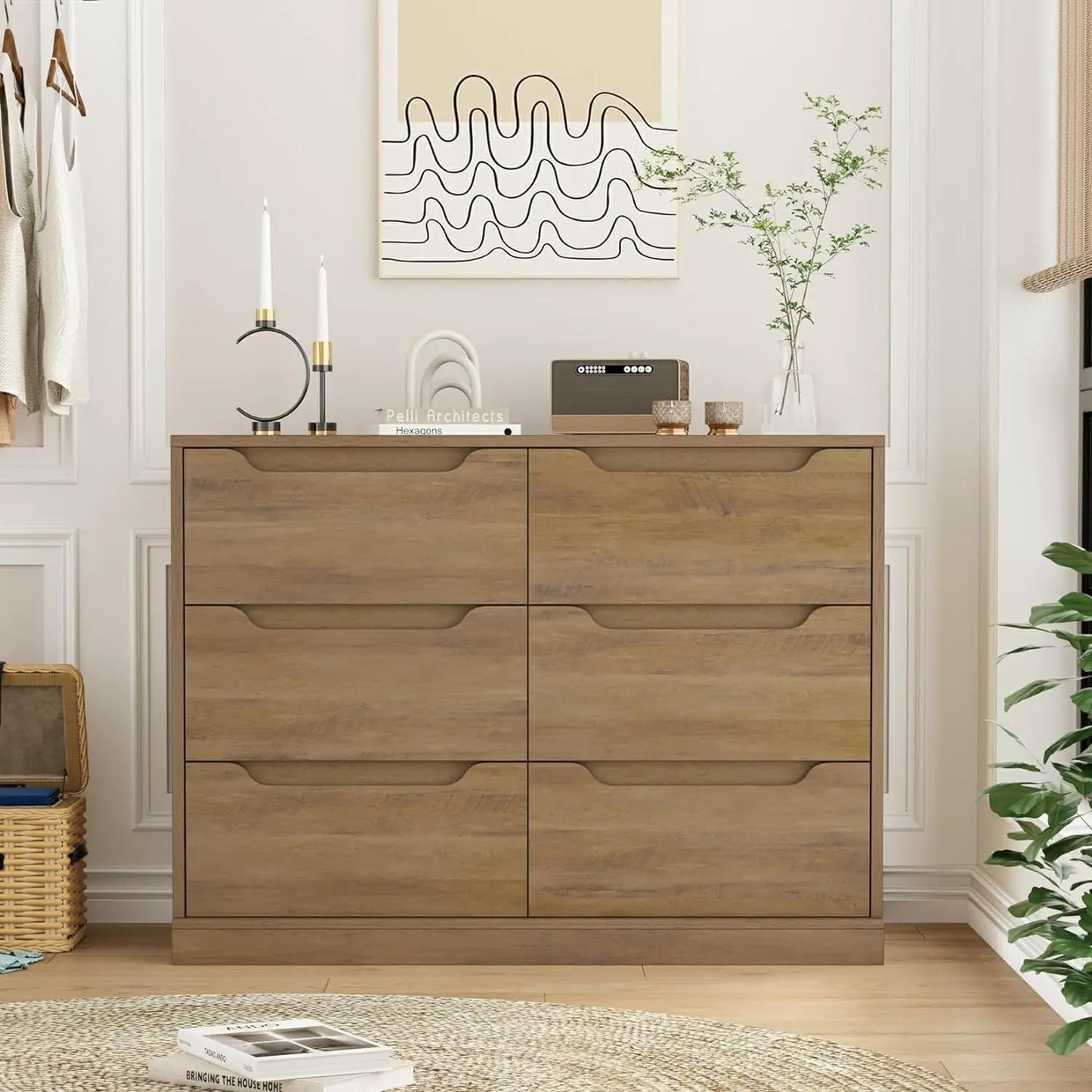 Modern 6 Drawer Dresser for Bedroom, Double Chest of Drawers, Large Wooden Storage Dresser Organizer, Accent Storage Cabinet