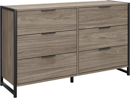 6 Drawer Dresser,  Freestanding Dresser, for Bedroom, 16.85"D x 57.13"W x 34.09"H, Modern Hickory