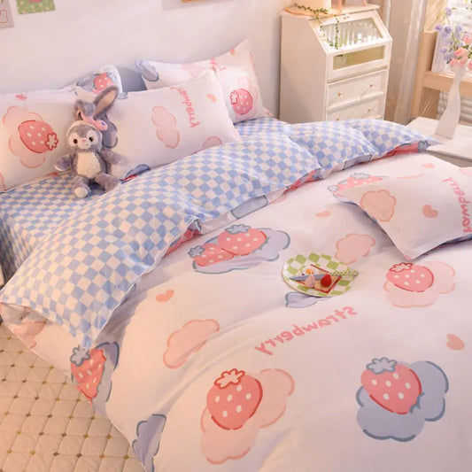 Parure de lit à motif de fraises roses, jolie housse de couette, drap plat avec taies d'oreiller, linge de lit double et complet pour enfants et filles