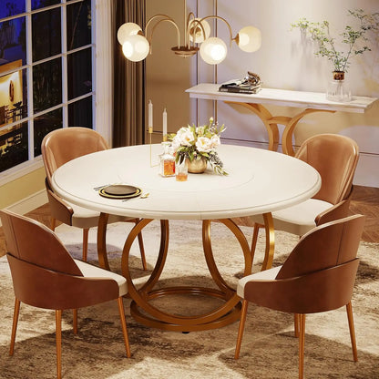 Table à manger ronde moderne pour 4 personnes, table de cuisine blanche de 47 pouces avec base en métal doré, table à manger en bois pour la cuisine