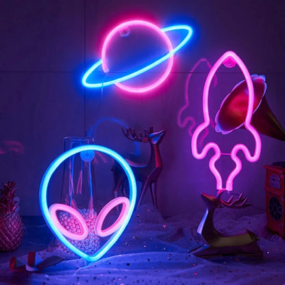 Lumière néon fête LED Aliens ET Terre Planète Fusée LED Veilleuse pour décoration de chambre Panneau néon Papier peint Décoration de Noël