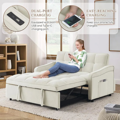 Sofá cama 3 en 1 con puerto USB y tipo C, sofá convertible pequeño moderno de 52" de terciopelo capitoné con cama extraíble