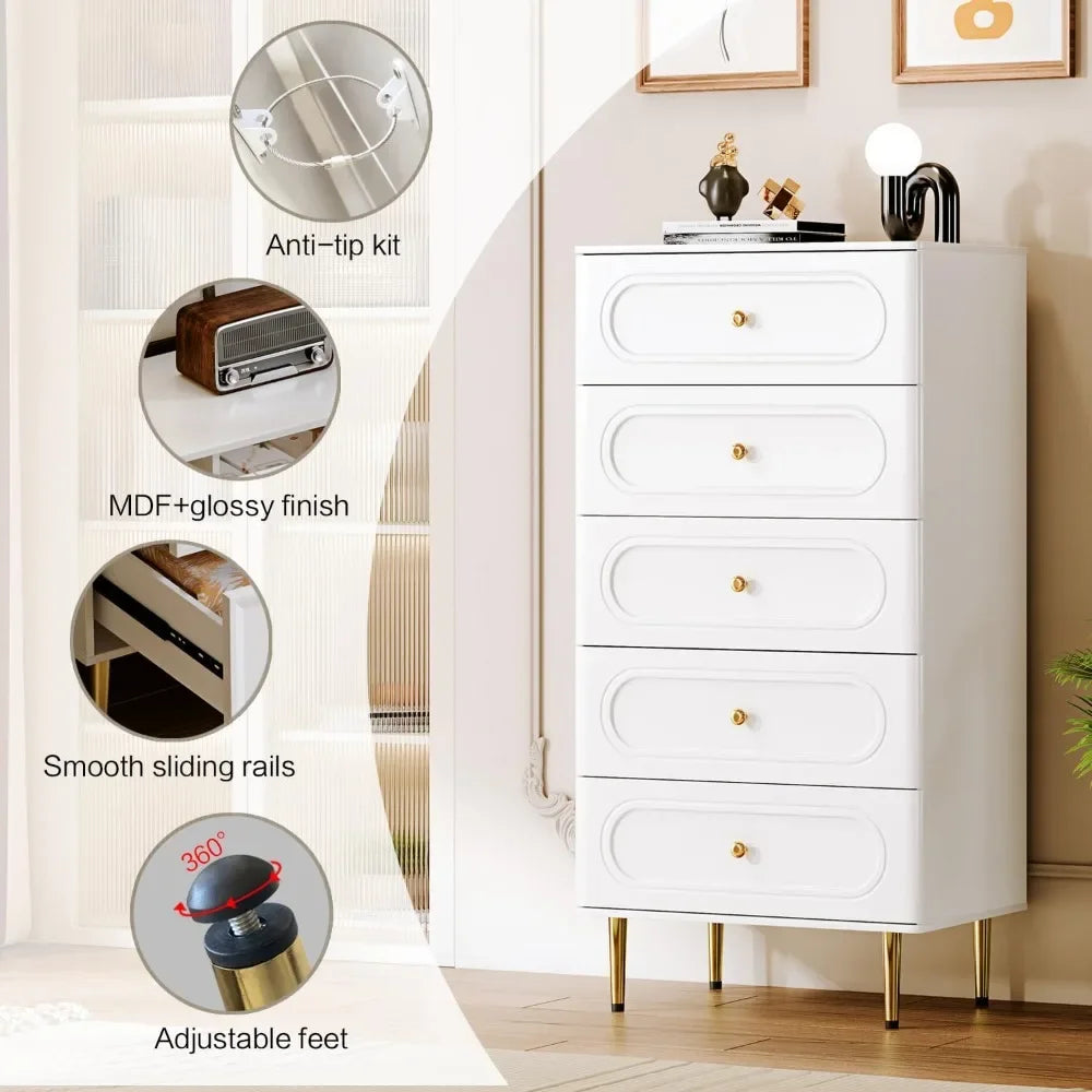 Cómoda de 5 cajones para dormitorio, cómoda moderna, cómoda de 5 cajones, unidad organizadora de armario de almacenamiento alto con patas de metal,