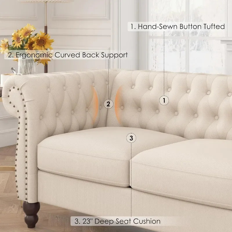 84"W Modern Couch with Deep 3-Seat, Full Handcrafted Button Tufted and Wide Rolled Arms, 3 Seater Sofa in Linen Upholstered