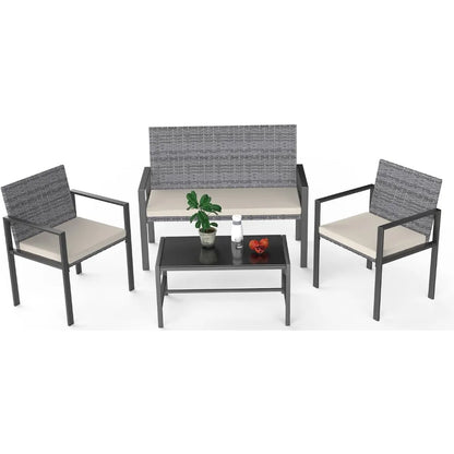 Ensemble de meubles de jardin, 4 pièces de mobilier d'extérieur dont 2 chaises en rotin et 1 causeuse, 1 table en verre trempé avec coussins