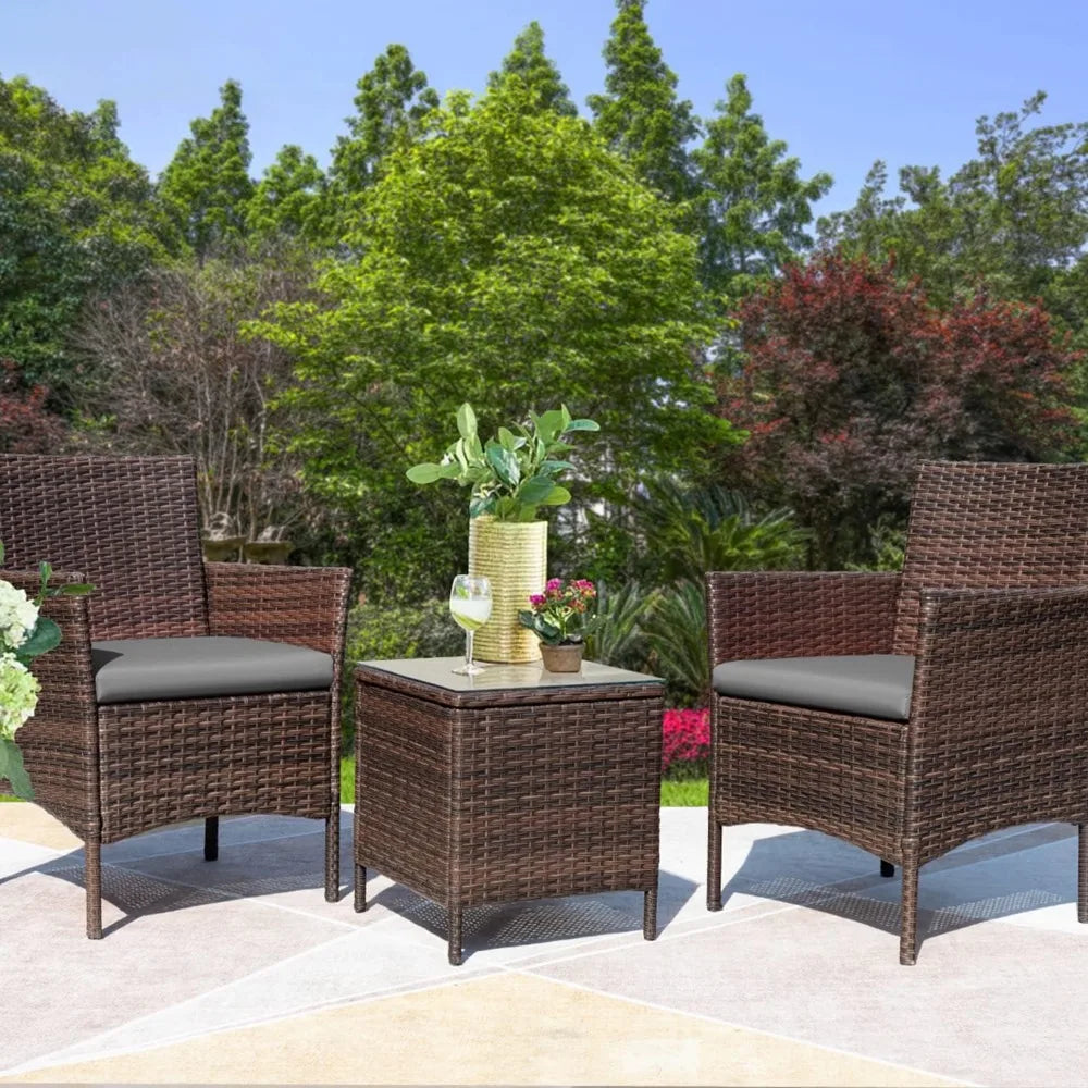 3 Pieces Patio Furniture PE Rattan Wicker Chair Conversation Set, 26.6x12.1x19.3 inches, Assemble Easily, Sturdy&Durable