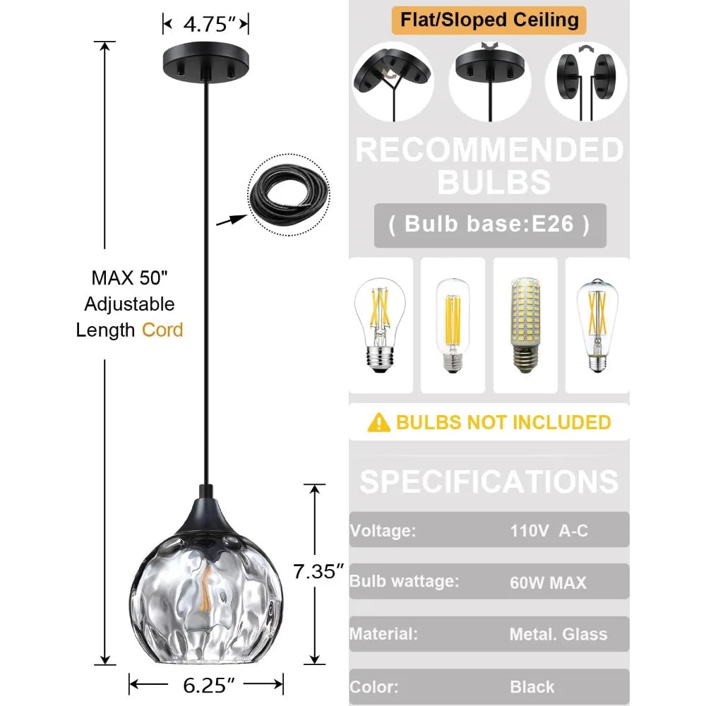 Paquete de 3 lámparas colgantes de 1 luz para interiores, lámpara de techo de cristal, lámpara de comedor moderna de estilo rústico (cuerda de altura ajustable)