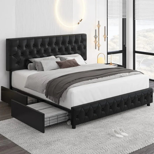 Queen Size Bed, with 4 Storage Drawers, Faux Leather Platform Bed, Solid Wood Slat Support, Modern Upholstered Bed