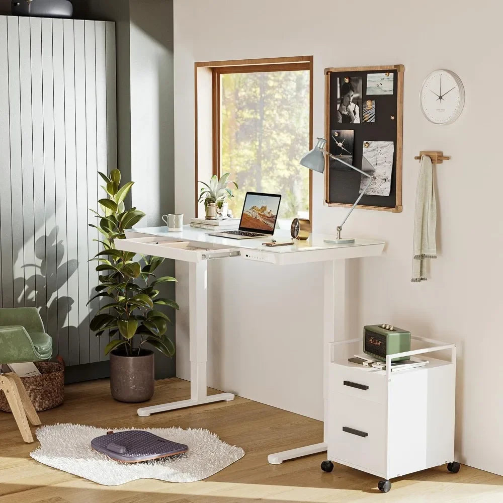 Bureau debout électrique avec tiroirs, bureau en verre de 55 pouces, hauteur réglable, bureau à domicile ergonomique