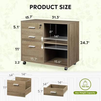 3-Drawer Wood File Cabinet with Lock, Mobile Lateral Filing Cabinet,Gray Oak 15.7"D x 31.3"W x 24.7"H