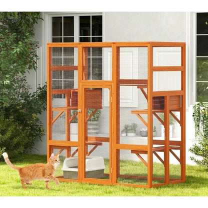 Casa grande para gatos para exteriores Catio - Recintos para juegos y carreras para gatos Jaula para gatos para interiores con ventana con techo impermeable, 7 plataformas y 2 áreas de descanso