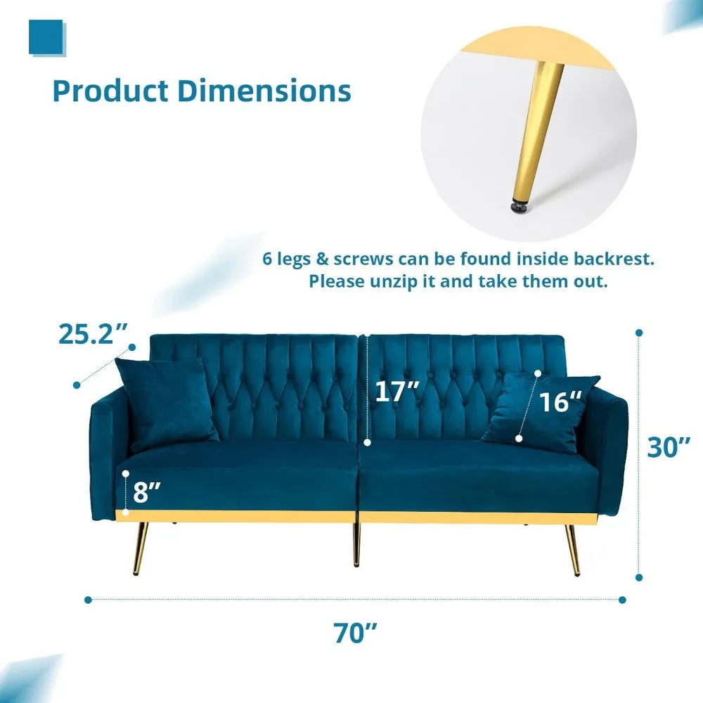 70in Velvet Futon Sofa Bed W/Adjustable Backrests and Armrests, Convertible Futon Couch with Two Pillows, Tufted Sleeper Bed