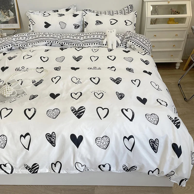 Euro Black White Love Heart Bedding Set Simple Bed Linen Duvet Cover for Couple Adult Bedspread and Pillowcase Sheet