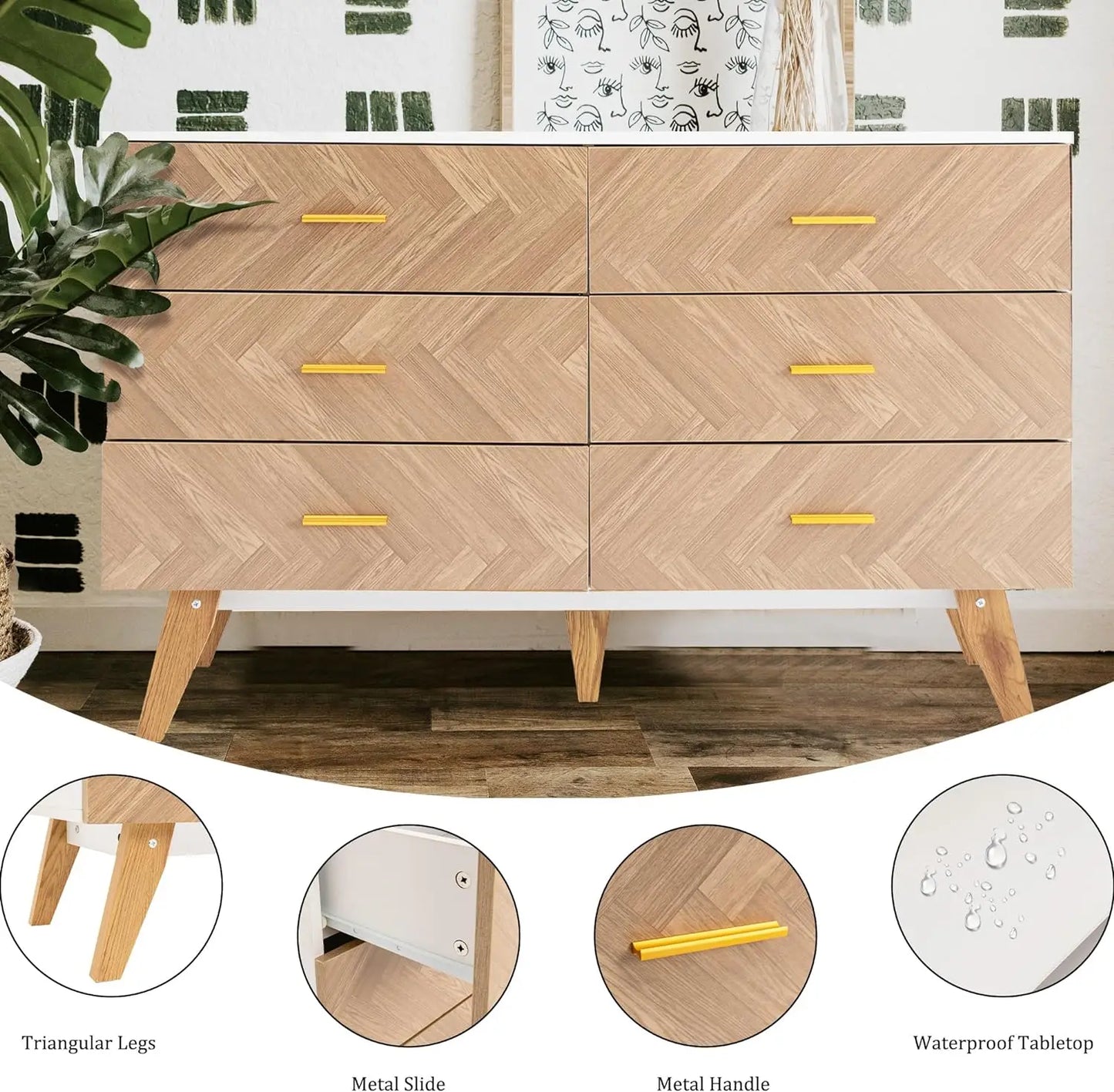 Cómoda de madera de 6 cajones, cómoda doble moderna de mediados de siglo, cómoda ancha, gabinete de almacenamiento de madera para dormitorio, entrada