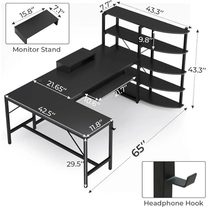 Bureau de jeu en L, bureau de jeu d'angle de 65 pouces, bureau d'ordinateur avec étagères de rangement, plateau pour clavier, support pour moniteur