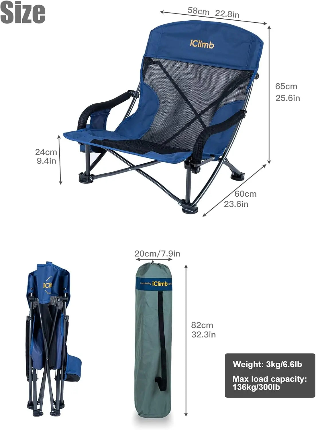 Chaise de camping pliante basse et large avec poche latérale et sac de transport (1, bleu marine)