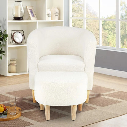 Fauteuil d'appoint, chaise Sherpa, canapé tonneau blanc moelleux en peluche avec repose-pieds ottoman, ensemble de salon confortable, ensemble de 1/2