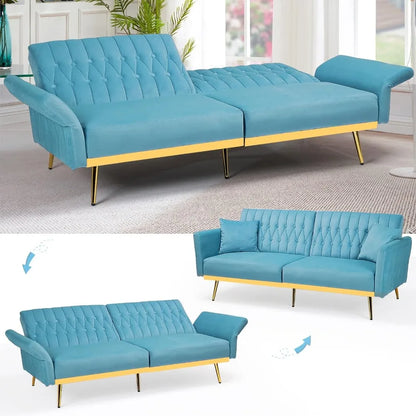 Canapé-lit futon en velours de 70 po avec dossiers et accoudoirs réglables, canapé-lit futon convertible avec deux oreillers, lit-lit capitonné