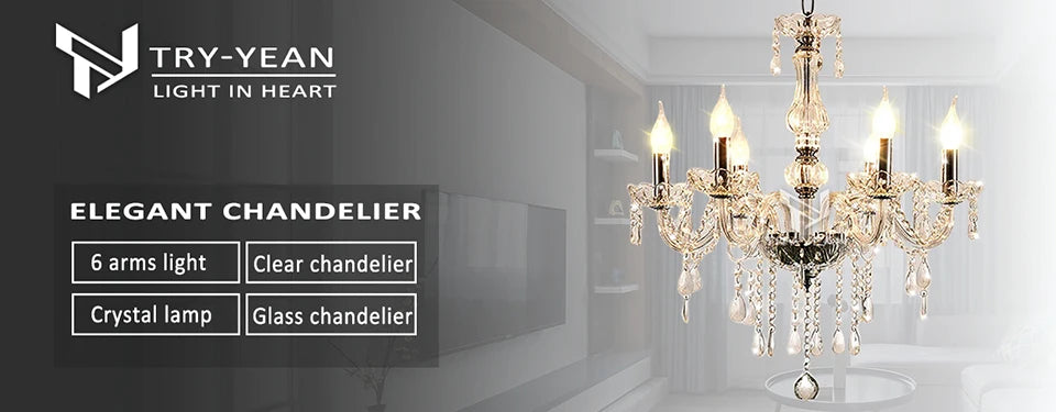 TRY-YEAN Transparent Cognac Crystal Glass 6 Arms Chandelier Glass Living Room Bedroom Dining Room Hanging Lamp Lobby Suspension