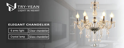 TRY-YEAN Transparent Cognac Crystal Glass 6 Arms Chandelier Glass Living Room Bedroom Dining Room Hanging Lamp Lobby Suspension