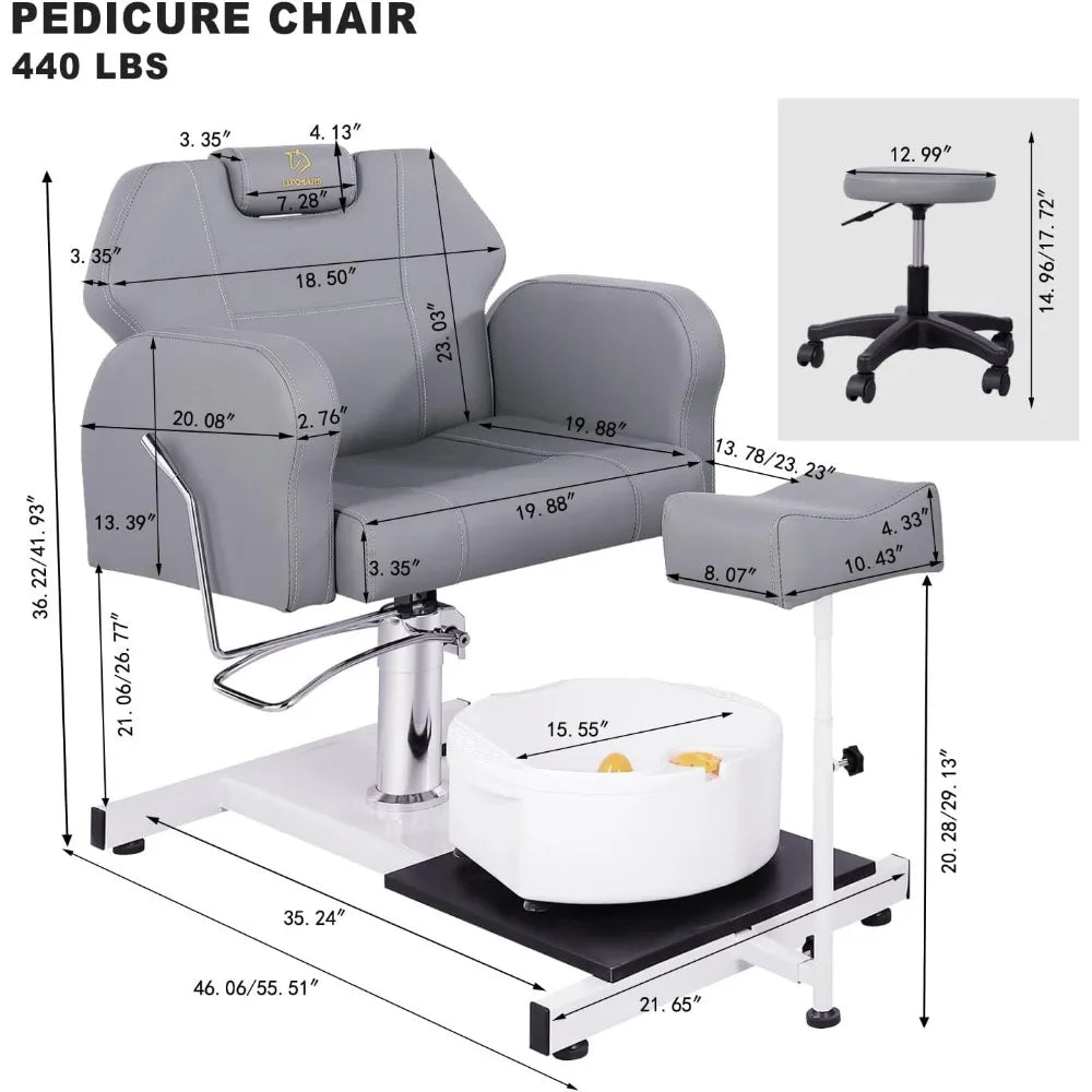 Reclining Pedicure Chair No Plumbing with Foot Massage Basin, Hydraulic Adjustable Pedicure Chair, 360° Rotation Beauty Spa Unit