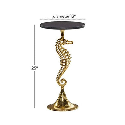 Table d'appoint côtière en aluminium doré avec base en hippocampe, plateau rond, plateau en marbre, décoration d'intérieur sophistiquée