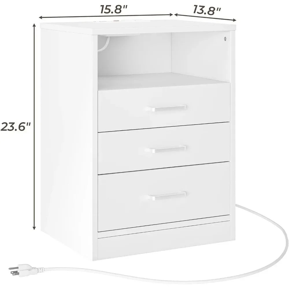 Table de chevet 3 tiroirs avec rangement ouvert, tables d'appoint pour chambre à coucher avec station de charge, table de chevet avec tiroirs, blanc