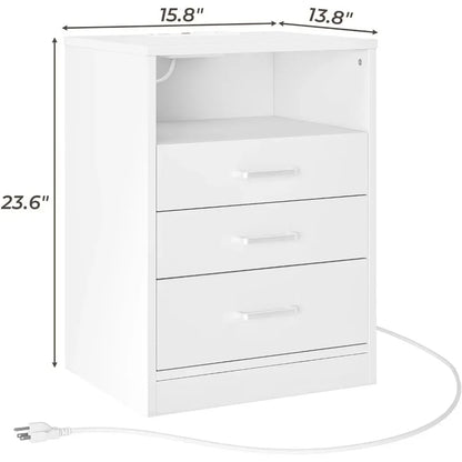 Table de chevet 3 tiroirs avec rangement ouvert, tables d'appoint pour chambre à coucher avec station de charge, table de chevet avec tiroirs, blanc