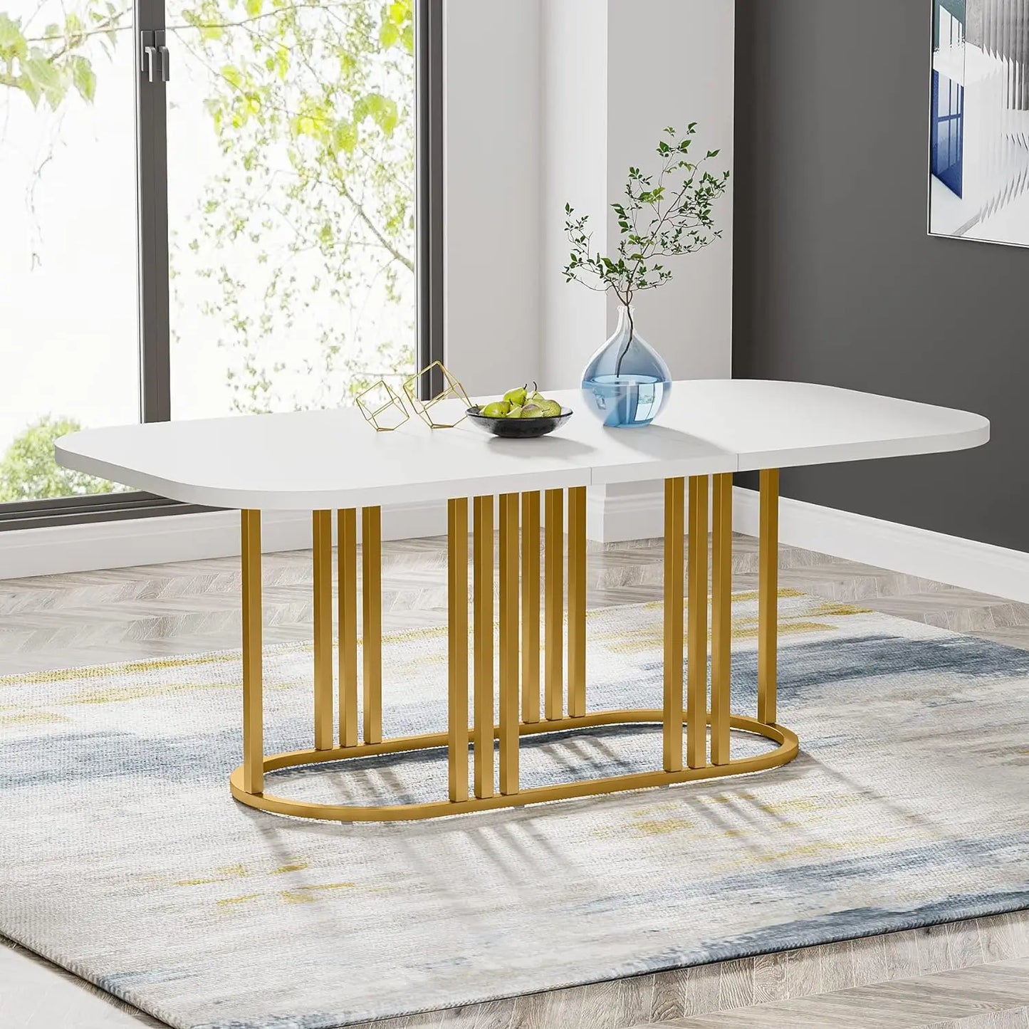 Mesa de comedor para 6, mesa de cocina moderna blanca de 71”, mesa de comedor rectangular con marco de metal ovalado resistente