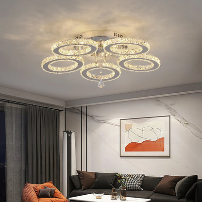 Crystal 5-Ring Fan Light Living Room Ceiling Light Stainless Steel Fixture Fandelier Plafon Fan Lamps Luminaire Led Chandelier