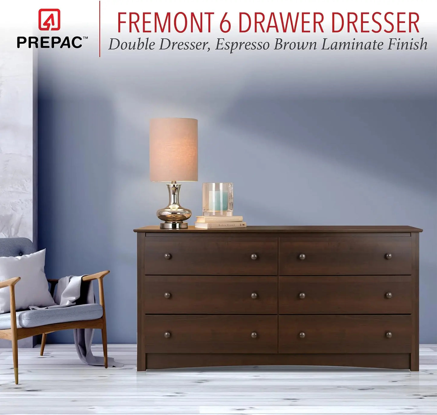 Fremont Bedroom Furniture: Espresso Double Dresser for Bedroom, 6-Drawer Wide Chest of Drawers, Traditional Bedroom Dresser