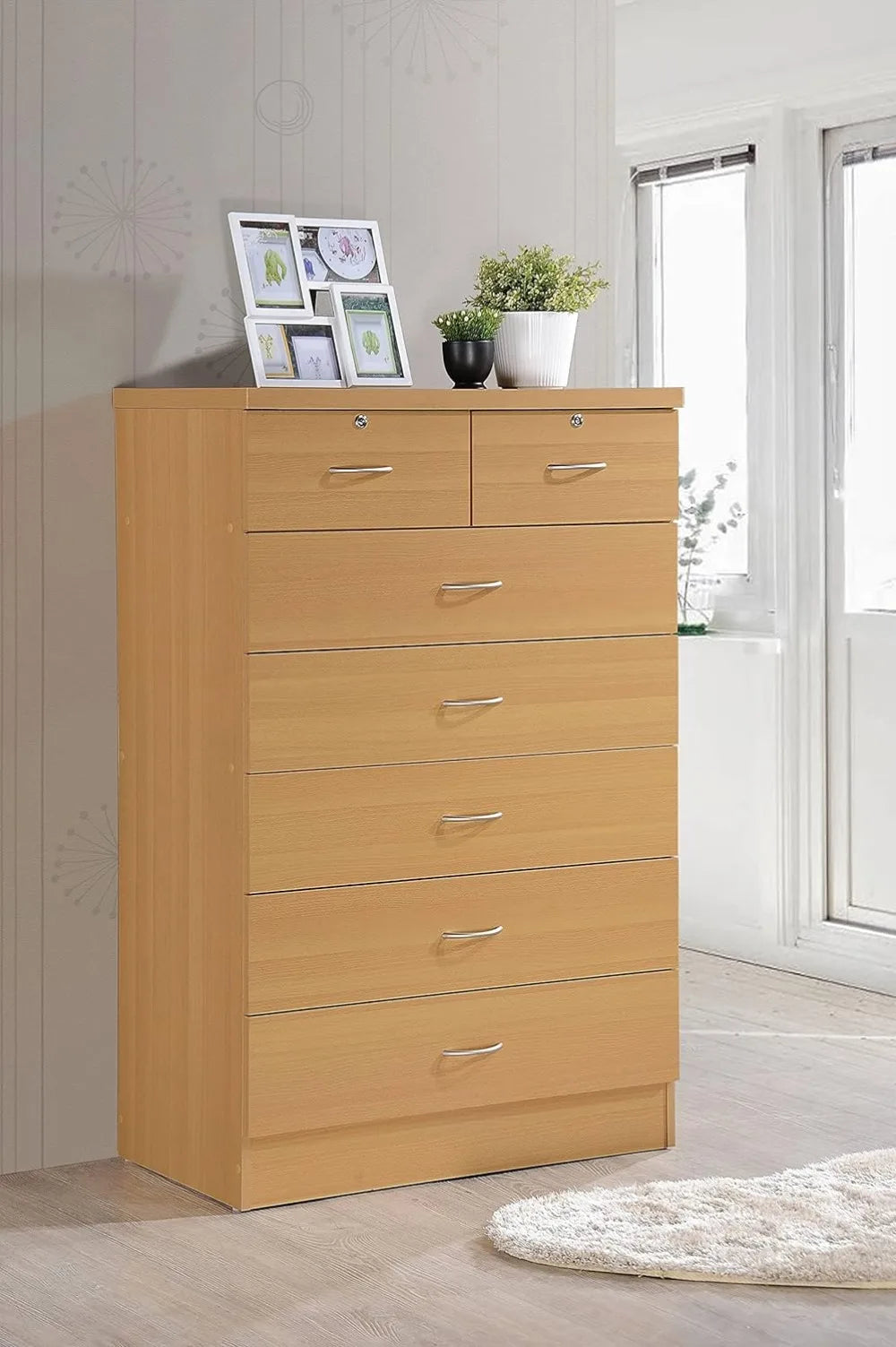 Commode en bois à 7 tiroirs pour chambre à coucher, commode de 31,5 pouces de large, avec 2 serrures sur les tiroirs supérieurs, organisation de rangement