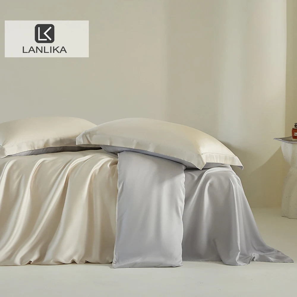 Parure de lit 100 % soie de luxe Lanlika - Housse de couette soyeuse - Drap plat - Parure de lit Queen King - Taie d'oreiller pour dormir