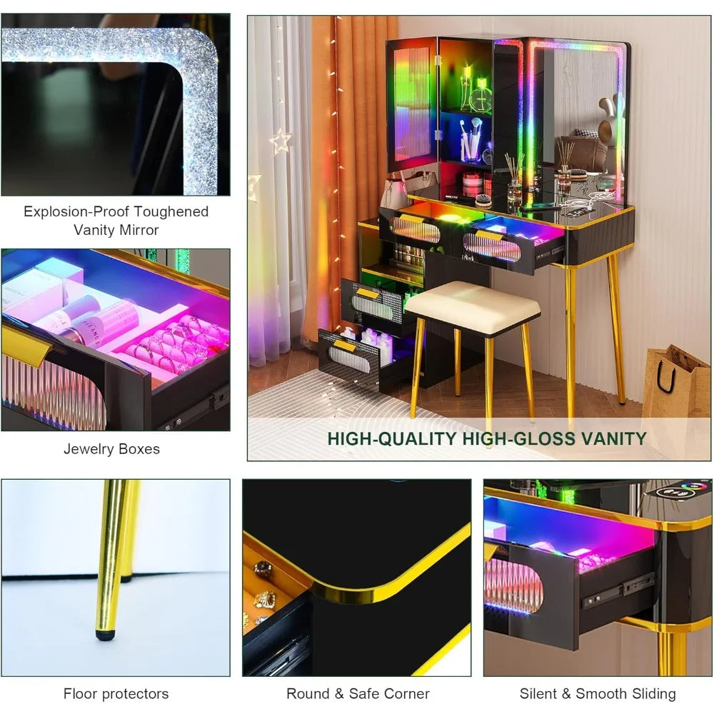 Commodes avec miroir et lumières, ensemble de coiffeuse à LED avec station de charge sans fil/capteur corporel, coiffeuse avec tiroirs