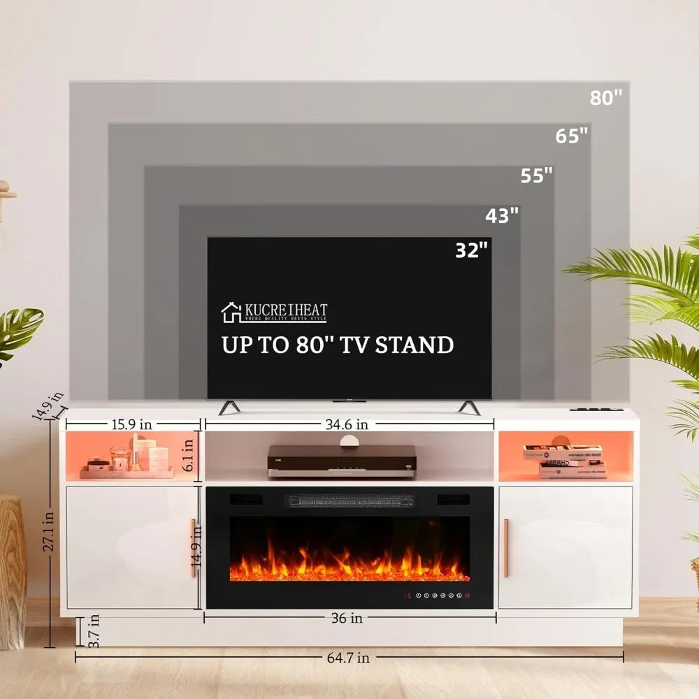 Soporte de TV con chimenea de 36'', centro de entretenimiento con luz LED para televisores de más de 75 pulgadas con almacenamiento, consola de TV para sala de estar