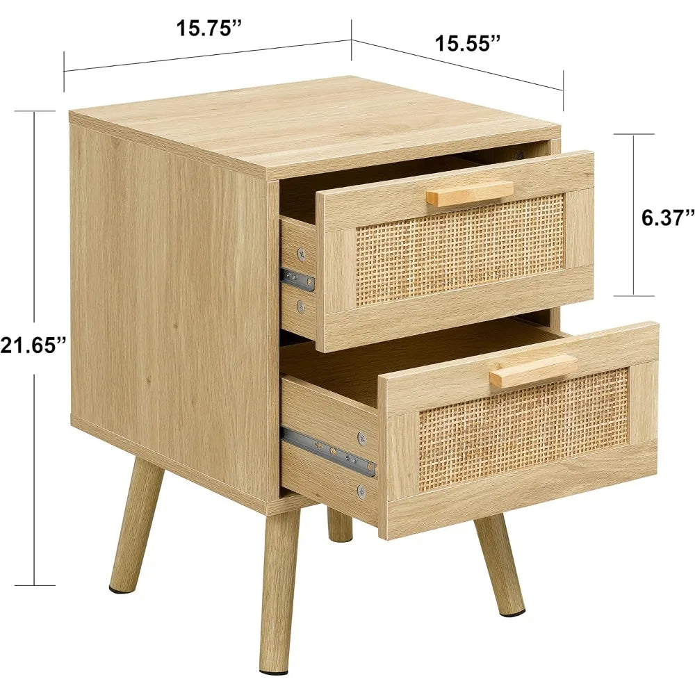 Ensemble de 2 tables de nuit, table de nuit avec 2 tiroirs en rotin faits à la main, table d'appoint en bois avec rangement pour chambre à coucher, naturel