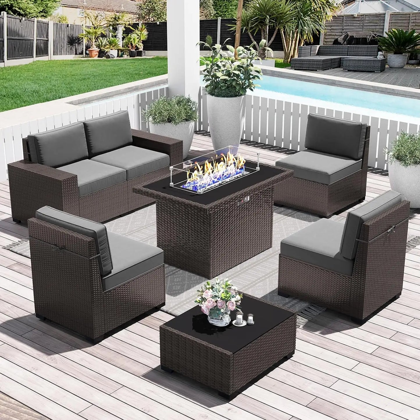 Juego de muebles de patio de 8 piezas con mesa para fogata a gas propano de 44", juego de sofá de mimbre y ratán y mesa de centro Rattan Möbel