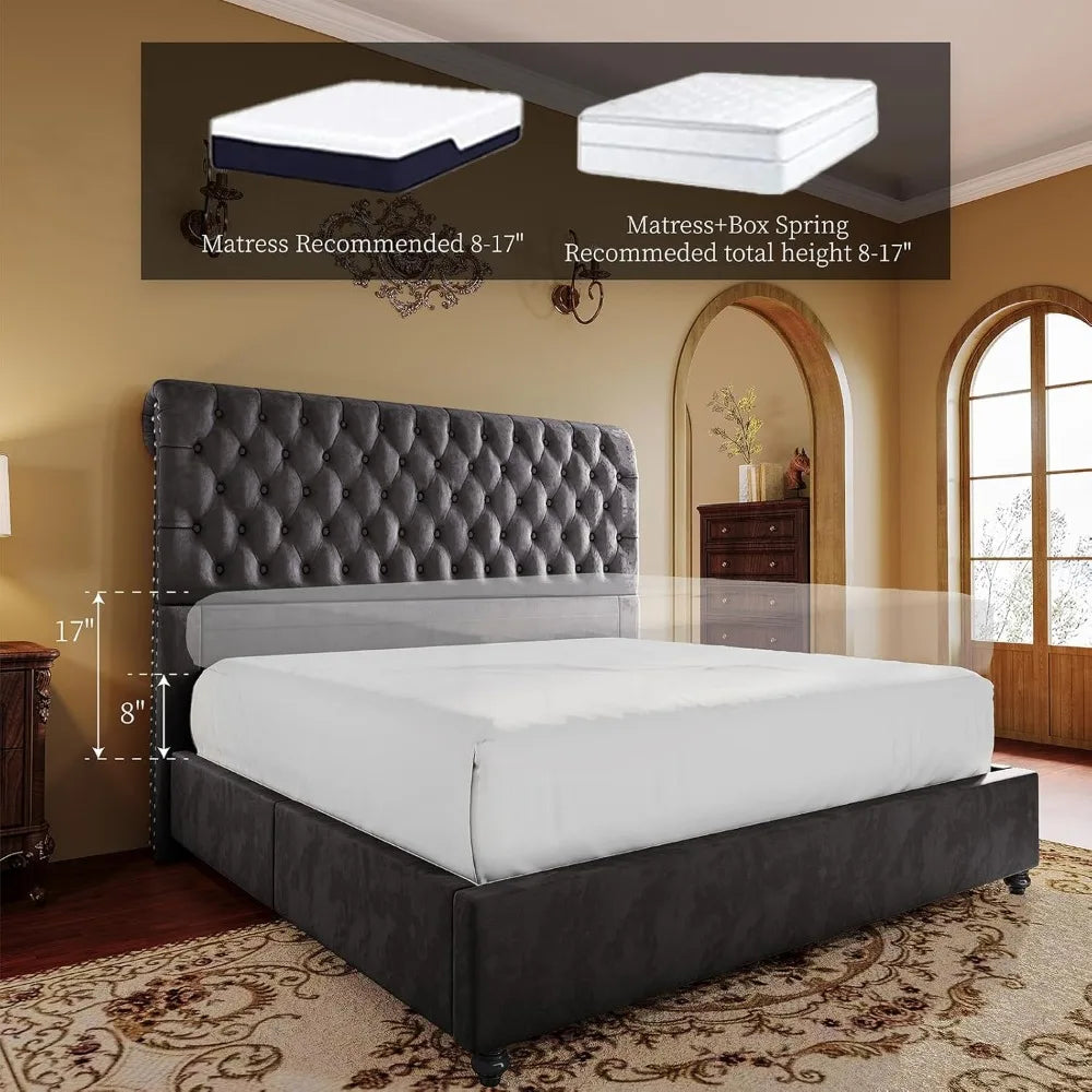 King Size Bed Frame Upholstered Bed Frame King with 52.8” Tall Headboard/Dark Grey Bedroom Furniture