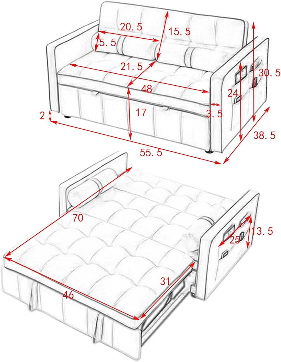 Sofá cama convertible de tamaño completo de 55" con funda extraíble, cómodo sofá cama tipo futón 3 en 1, sofá cama tipo sofá de dos plazas de terciopelo con funda extraíble