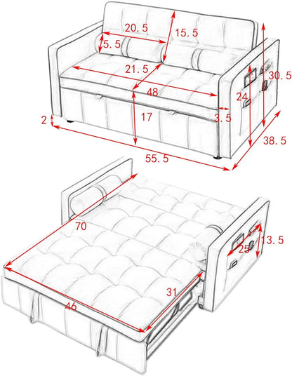 55" Full Size Pull Out Couch-3 in 1 Comfy Convertible Futon Sofa Bed, Velvet Loveseat Lounge Sleeper Sofa with Pullout Bed