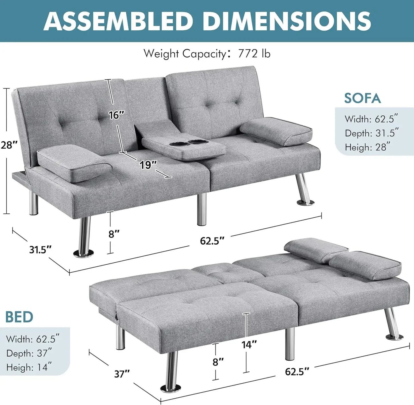 Sofá cama ajustable Sofá cama doble Sofá cama plegable Cama de invitados, portavasos, Cama Sillón moderno de cuero artificial