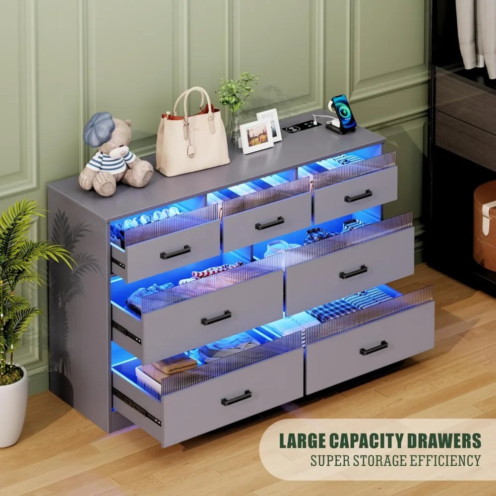 7 Drawers Dresser for Bedroom, Large Chest of Drawers with LED Light, Modern Dresser with USB & Type-c Charging Ports