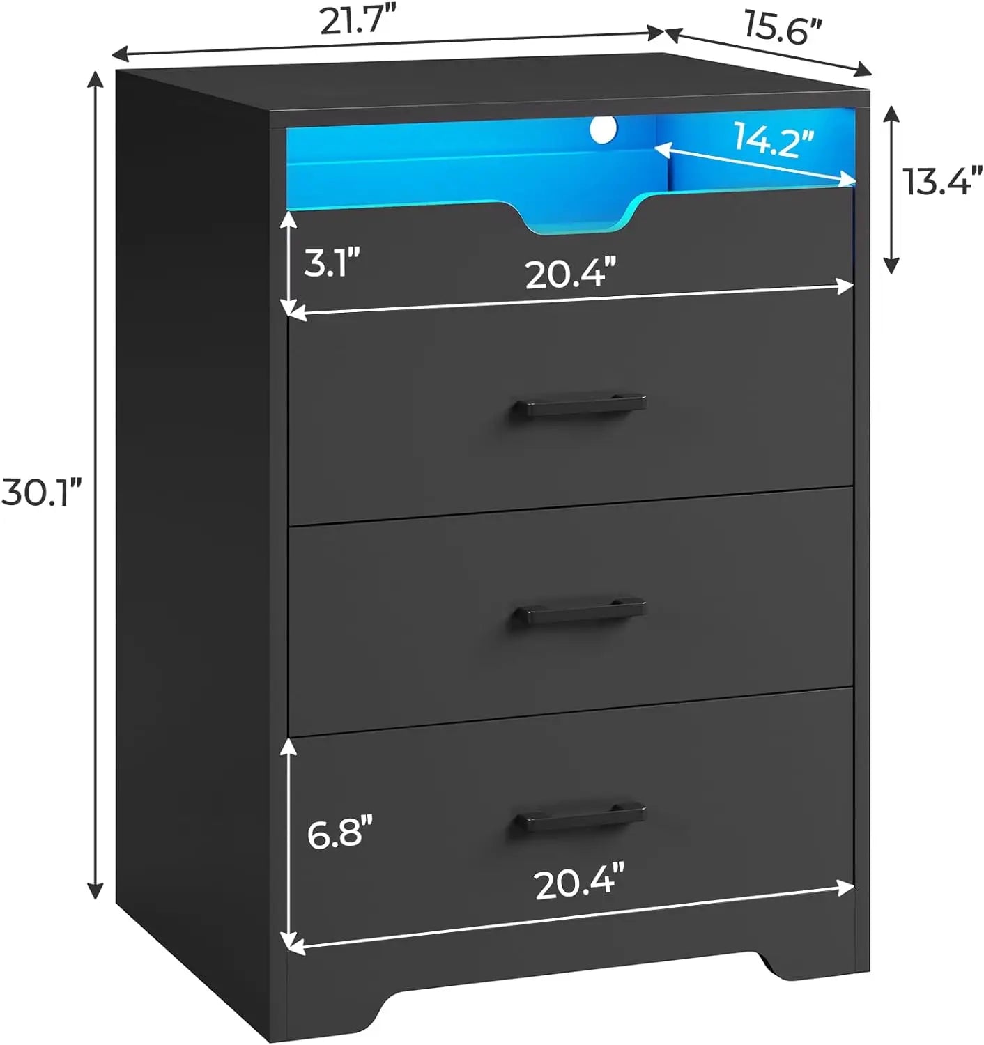 Dresser with LED Lights for Bedroom, Tall Dresser with 3 Drawers and Pull-Out Tray, Black Chest of Drawers Bedroom Storage