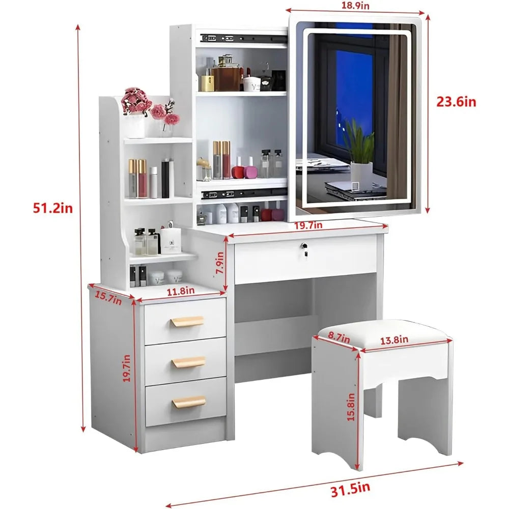 Coiffeuse, table de maquillage avec miroir, tabouret, unité de rangement à 4 tiroirs et 3 étagères, coiffeuse blanche pour meubles de chambre à coucher