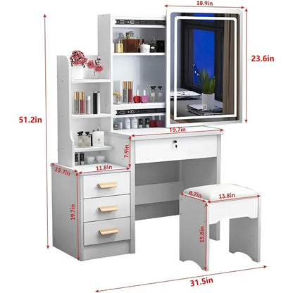 Tocador, mesa de maquillaje con espejo, taburete, unidad de almacenamiento de 4 cajones y 3 estantes, tocador blanco para dormitorio