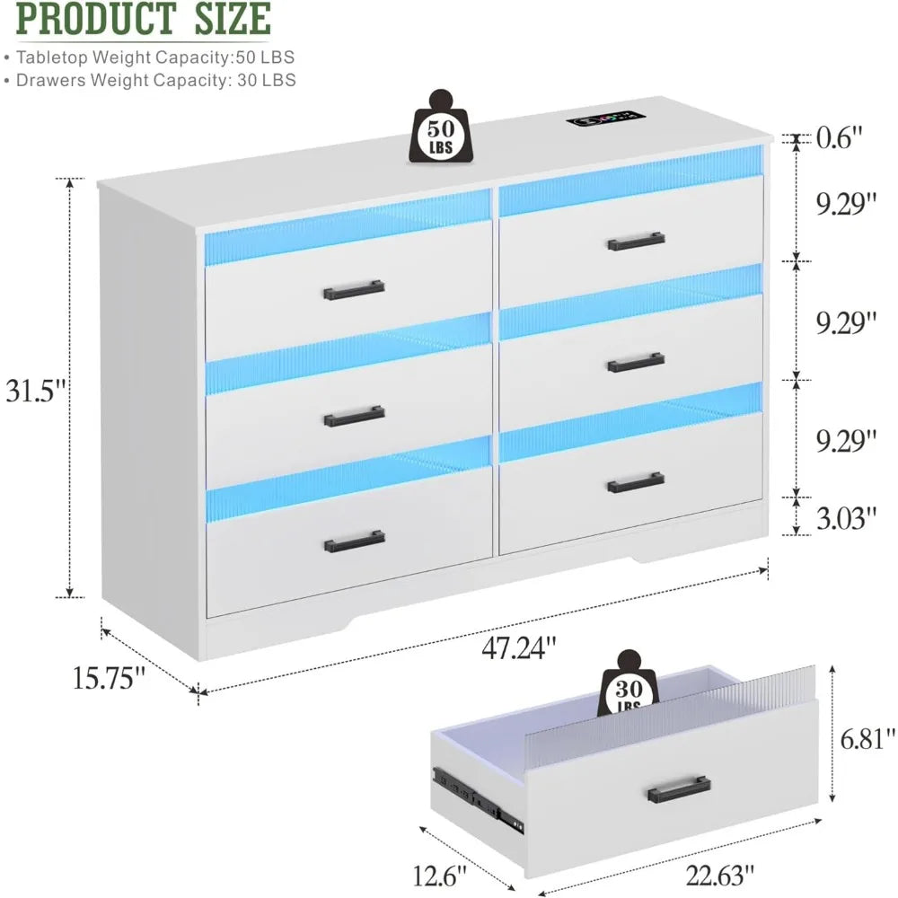 7 Drawers Dresser for Bedroom, Large Chest of Drawers with LED Light, Modern Dresser with USB & Type-c Charging Ports