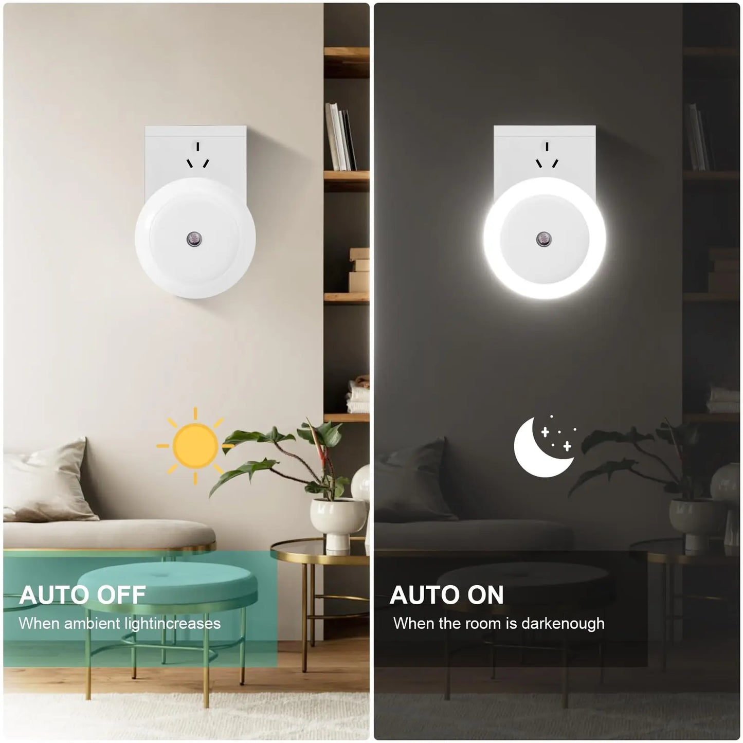 Luz nocturna LED enchufable, sensor de anochecer a amanecer, atenuación automática, ahorro de energía, blanco frío, luz nocturna enchufable a la pared para baño